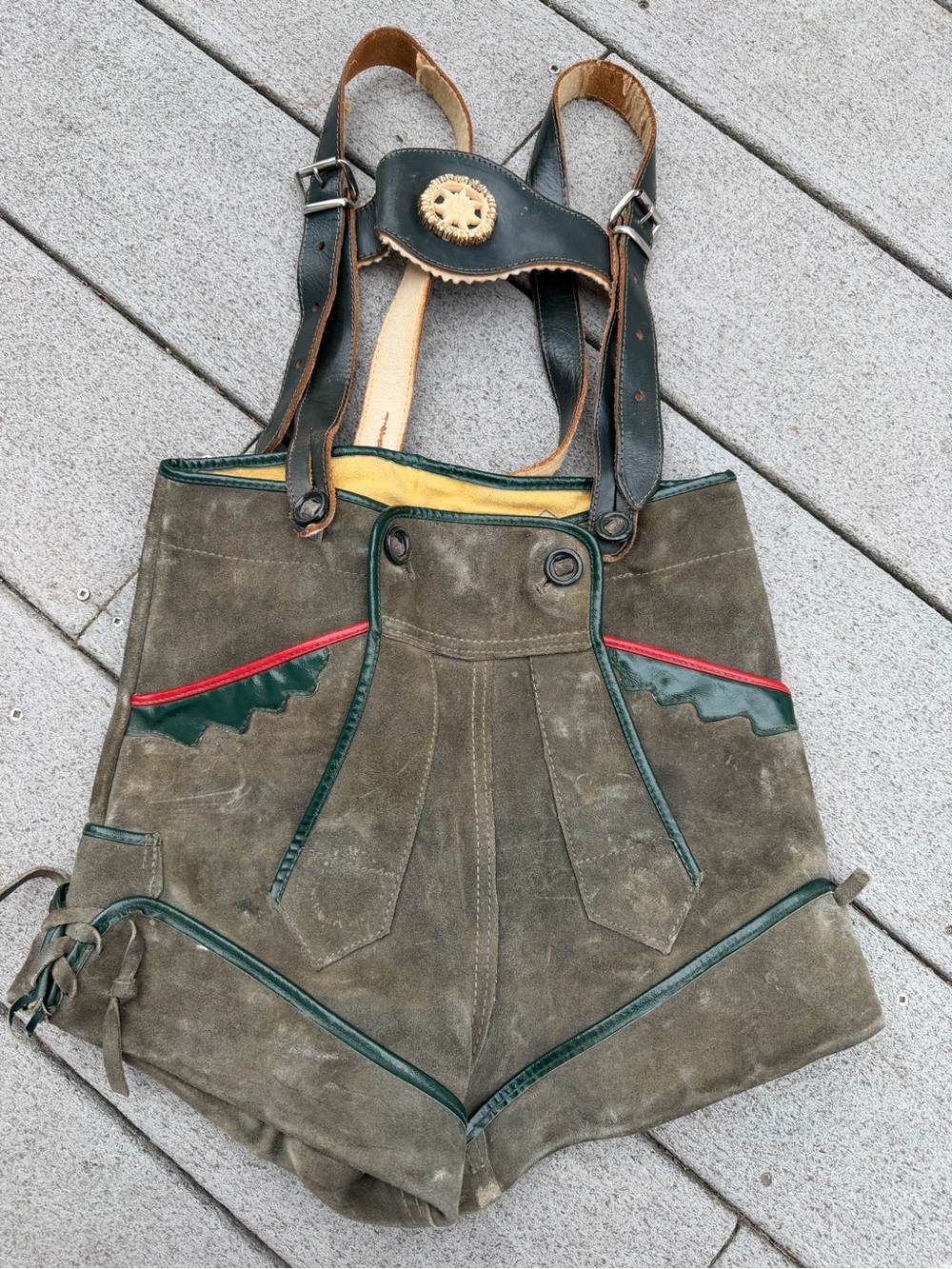 Vintage Kids Leather Lederhosen Shorts Red Green Piping Edelweiss Suspenders 5